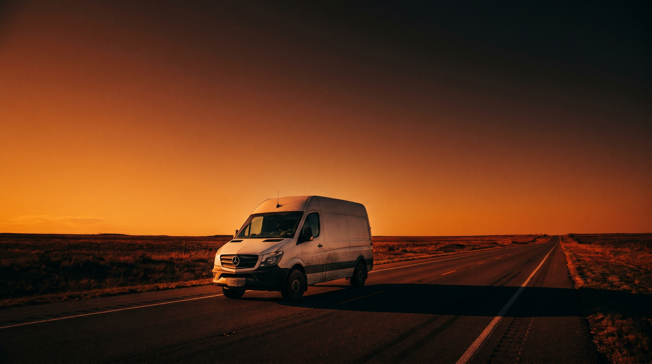 Sprinter van on golden-hour Texas highway